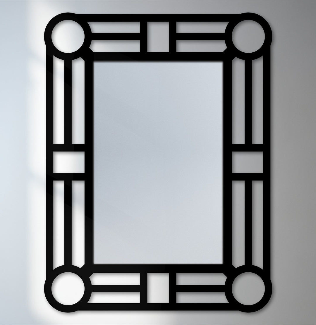 Vertical, rectangular geometric circle accent metal wall mirror showcasing decorative metal art through its symmetrical shape and orientation.