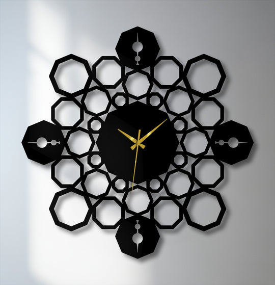 Intricate foreground detail highlights the interlocking octagonal shapes forming a unique metal wall art geometric mandala design clock.