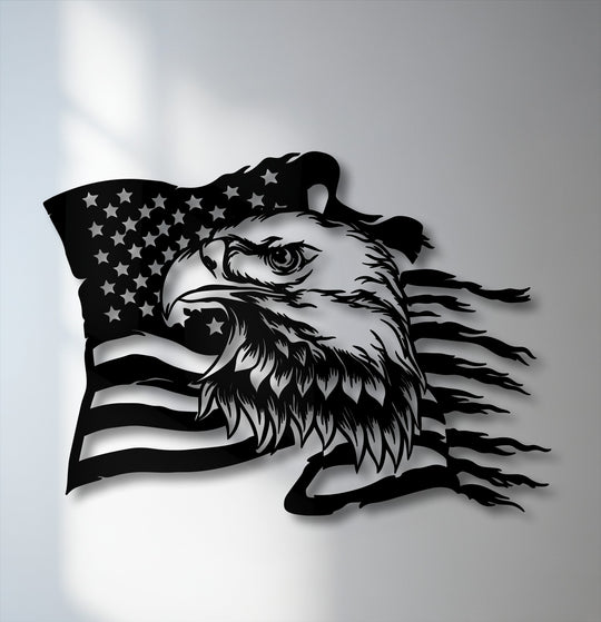 The negative space reveals the bold outline of an eagle and American flag, creating a striking piece of metal artwork.