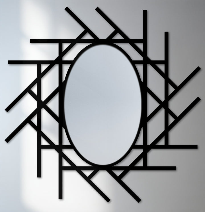 The realistically detailed abstract linear grid oval floor mirror presents a striking frame as a piece of decorative metal art.