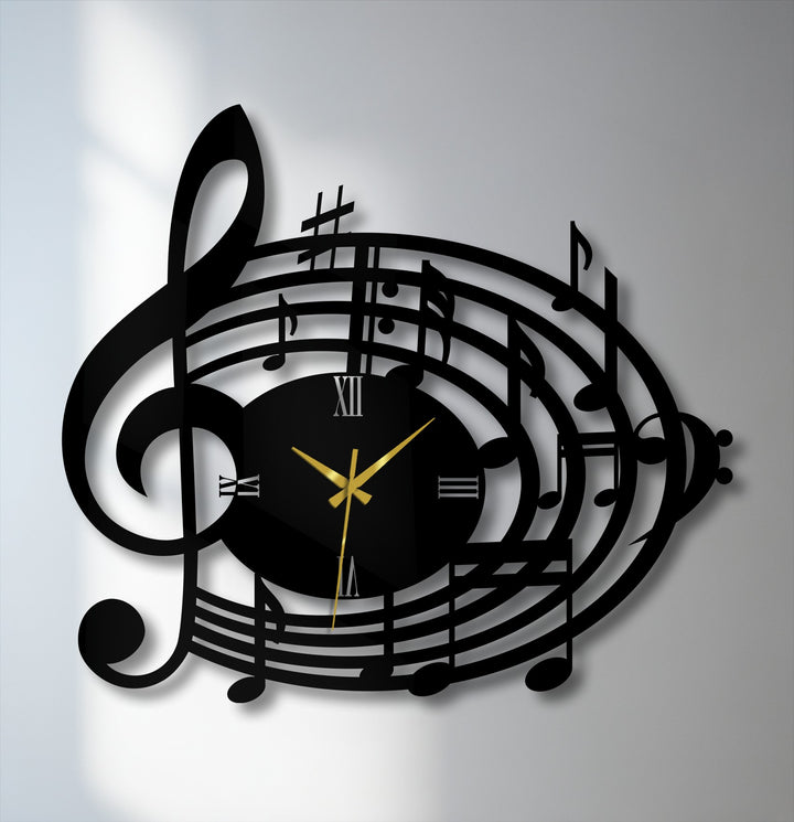 Subtle shadows accent the metal art for wall clock's curved treble clef and musical notes, creating a soft depth to its artistic music design.