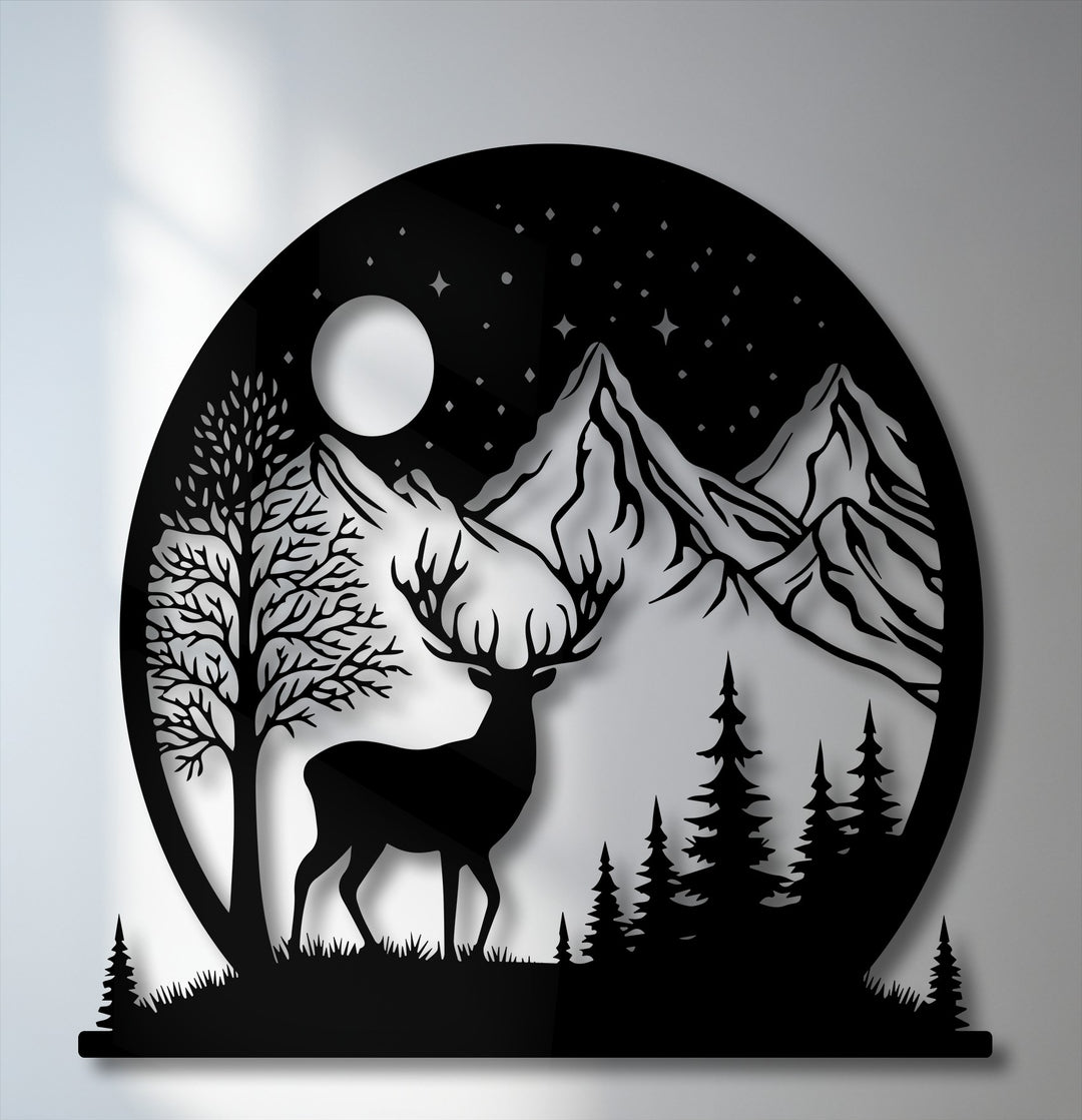 The darkest area is a metal wall decor silhouette depicting a majestic deer, trees, and mountains under a starry moonlit sky.