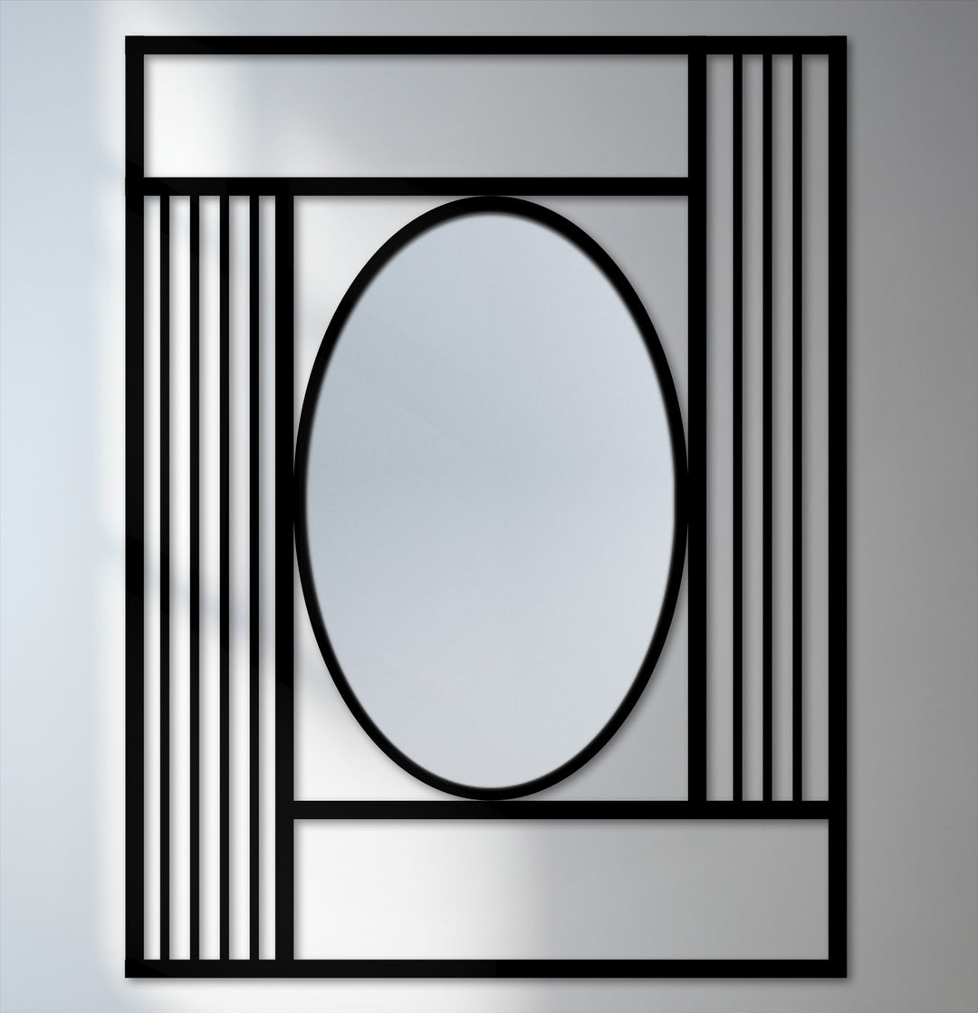 Showcasing the focal point of a modern grid frame oval floor mirror, offering ideas for decorating with wall mirrors using a geometric black frame.