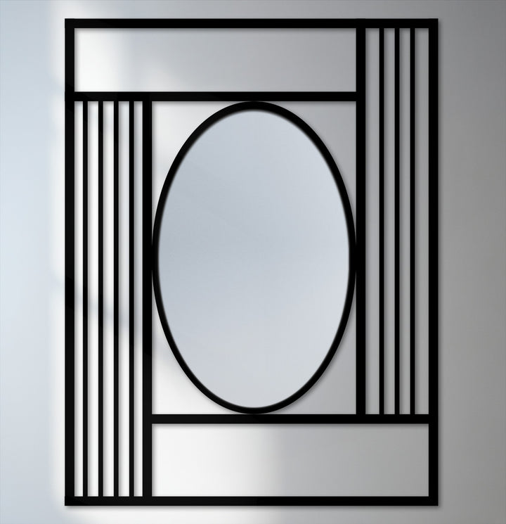 Showcasing the focal point of a modern grid frame oval floor mirror, offering ideas for decorating with wall mirrors using a geometric black frame.