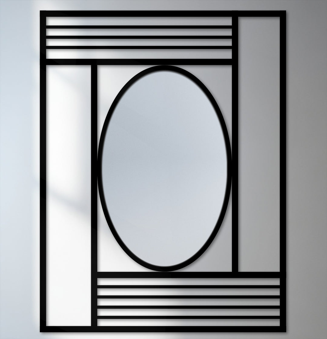 Geometric structured lines highlight the edge and borders of this oval floor mirror with a black frame, offering a stylish framed wall mirror.