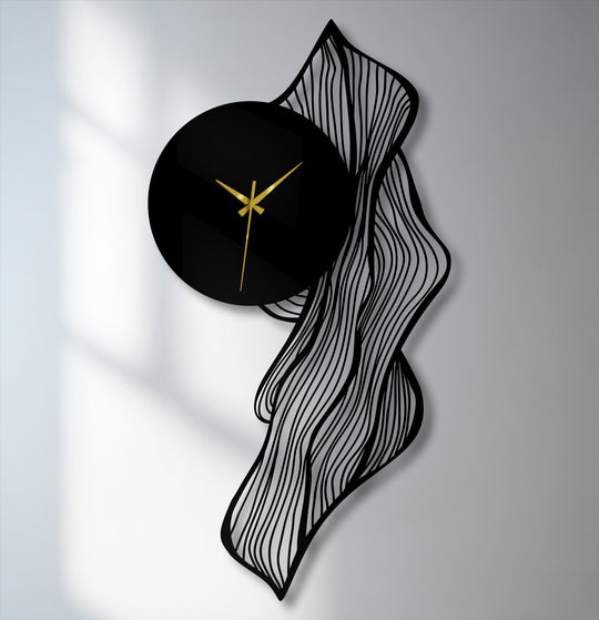 Flowing abstract leaf metal wall clock presents artistic decoration wall art, featuring a botanical design and gold hands, a modern and stylish timepiece.