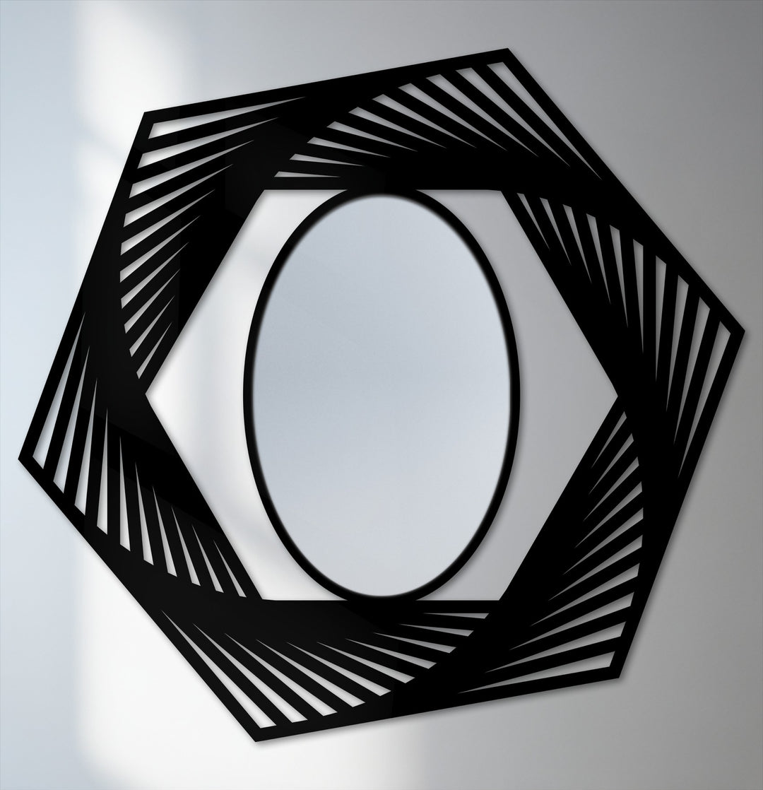 The stillness of the geometric hexagon in decorative metal art surrounds the oval mirror with its dynamic illusion frame.