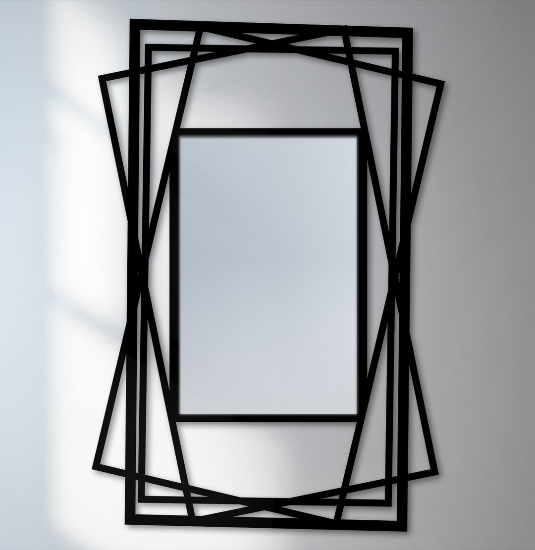 Smooth surface texture defines this layered geometric frame floor mirror featuring a bold, modern black metal art for wall design.