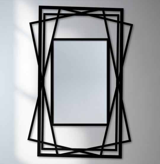 Smooth surface texture defines this layered geometric frame floor mirror featuring a bold, modern black metal art for wall design.
