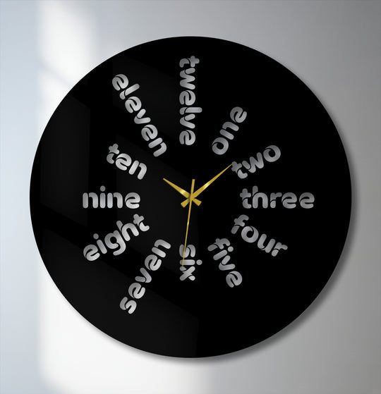 Bold contrast defines this modern Word Time metal wall clock with its sleek black surface and striking silver word hour markers, showcasing a distinctive print wall art style.