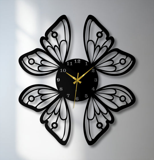 The realistic detail of the elegant butterfly wings metal art for wall clock shows its intricate design with black wings and gold hands.