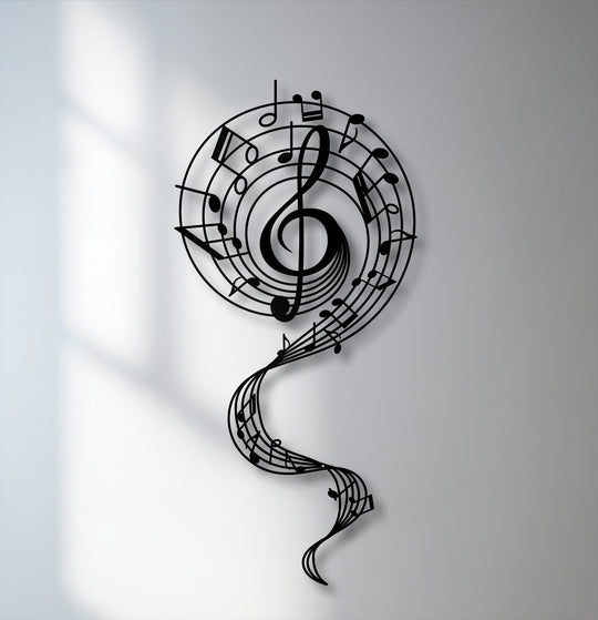 The stillness of this striking black metal artwork beautifully captures a grand treble clef with a graceful, flowing melody of musical notes.