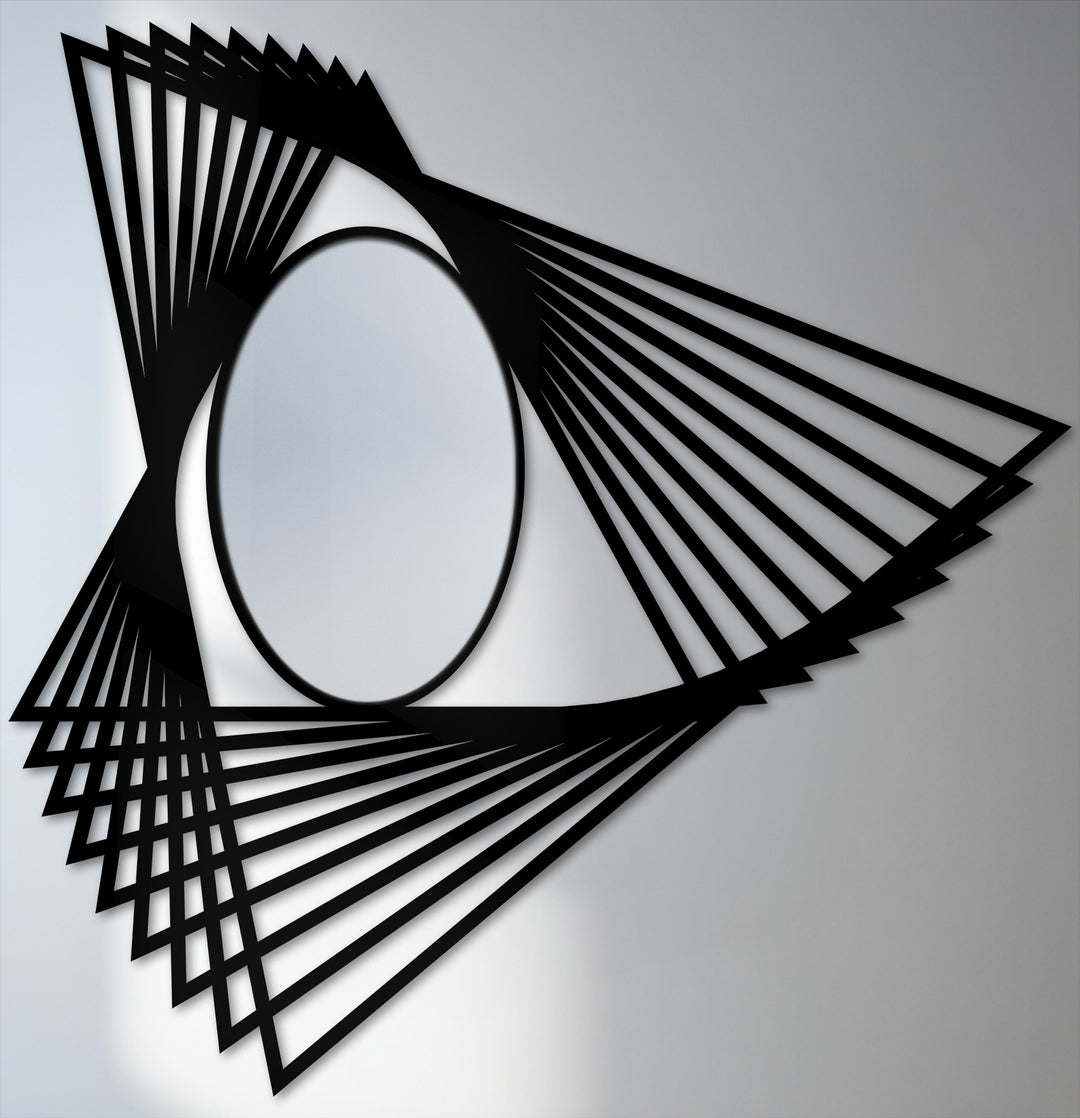 Focusing on the focal point, this abstract geometric floor mirror features angular motion lines with a sleek black frame, highlighting the modern mirror aesthetic.