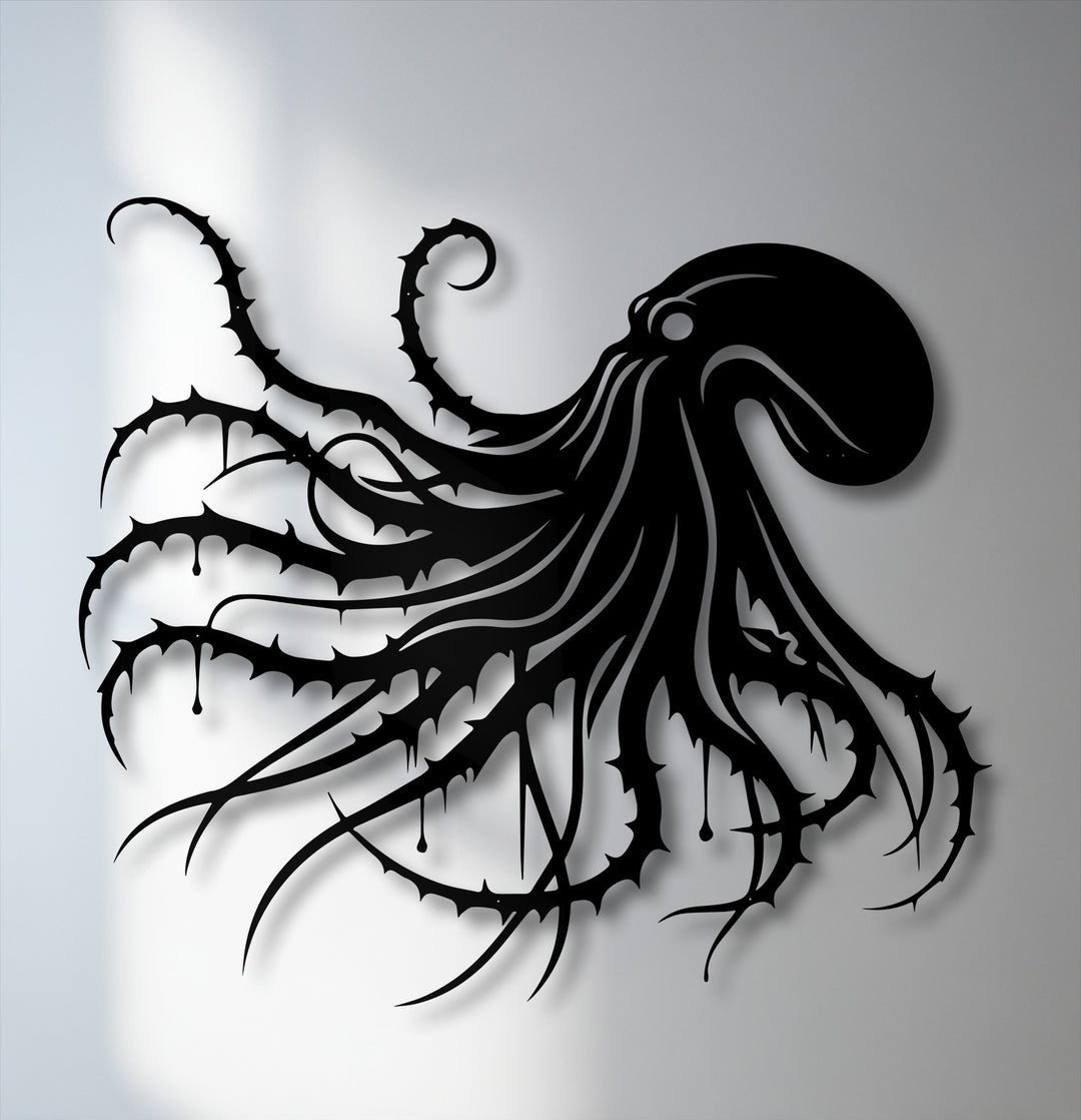 Dramatic shadows are cast by the dark octopus unique metal wall art, enhancing its striking gothic ocean decor design.
