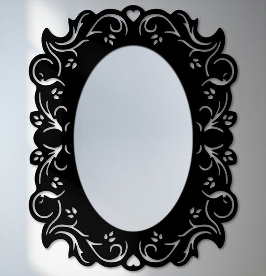 Elegant black framed wall mirror featuring a romantic floral design in an oval shape that makes a great piece of framed wall mirror home decor.