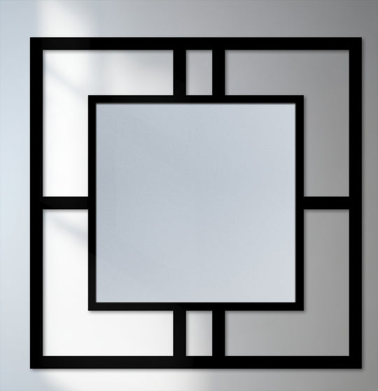 Highlighting the abstract quality, a geometric metal wall mirror with a bold square design offers decorating with wall mirrors in a balance of modern artistry.