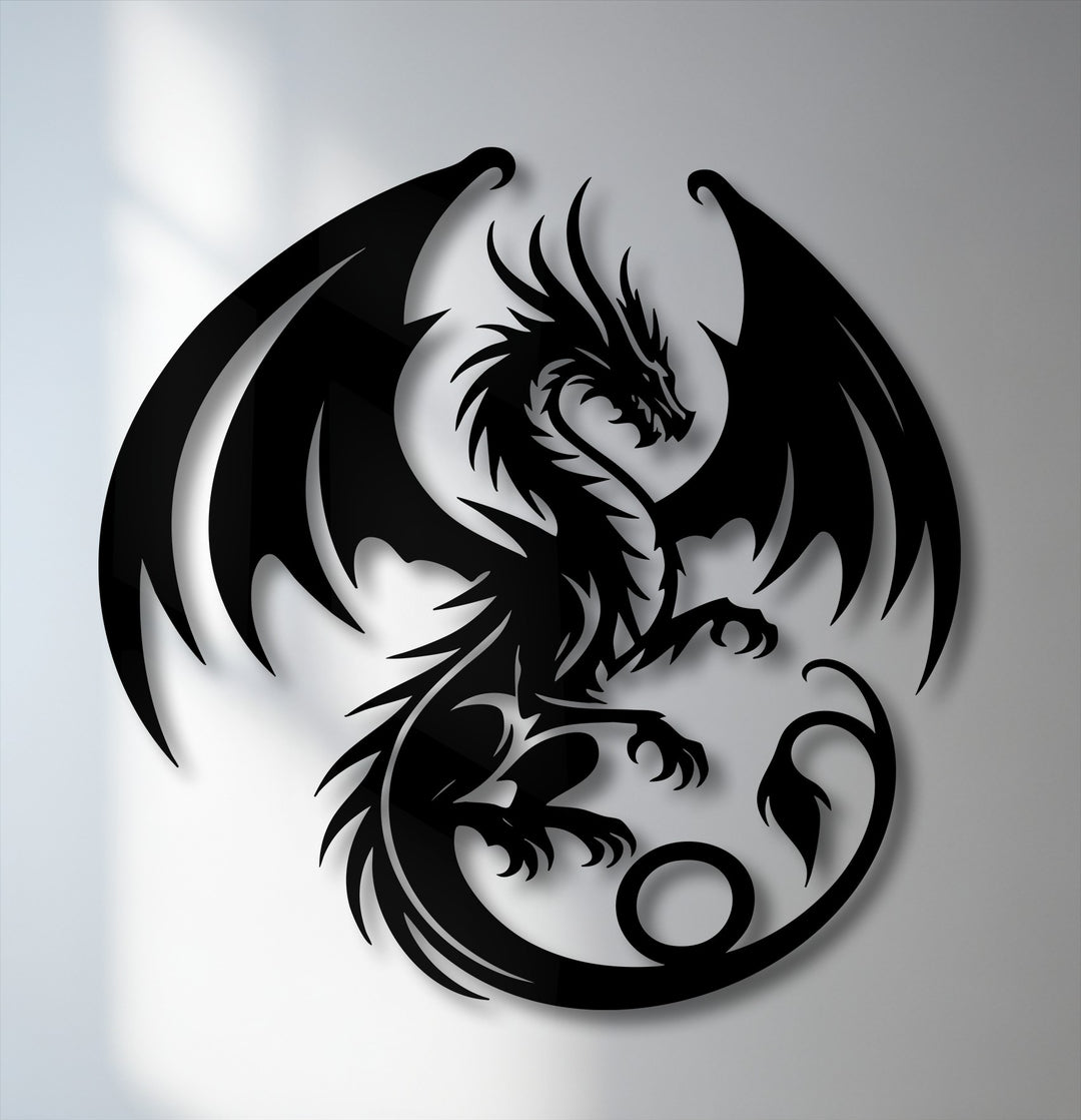 The abstract quality of this captivating metal artwork features a bold, silhouetted dragon with powerfully spread wings and sharp details.