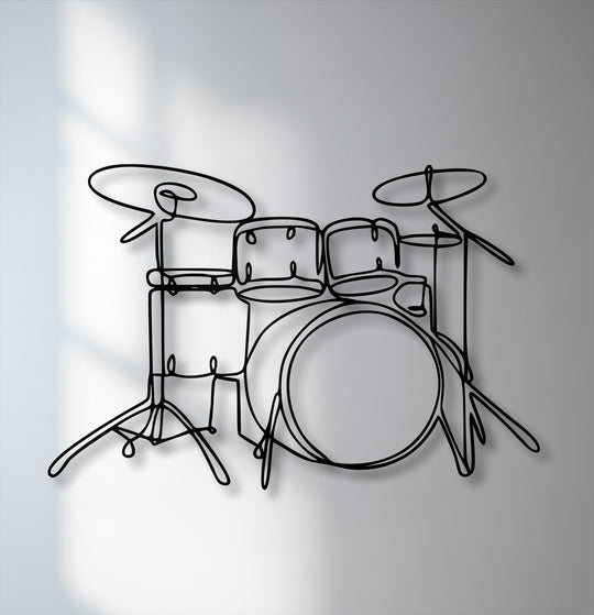 The visual rhythm of the minimalist drum set line art, presented as sleek metal art for wall, creates an energetic modern music instrument design.