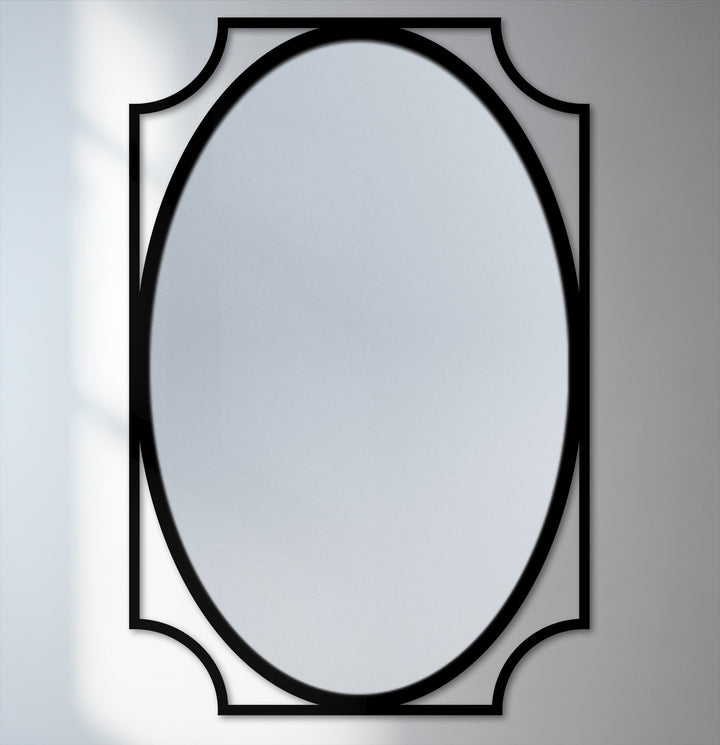 Black is the dominant color in this minimalist oval floor mirror featuring a refined, curved frame that adds a touch of modern wall mirrors to any space.