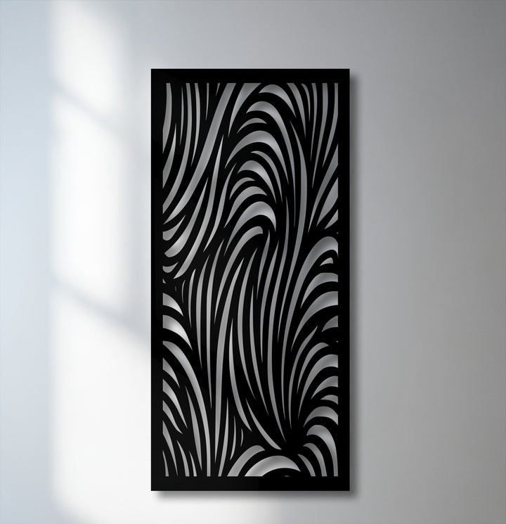 A prominent decorative metal art piece featuring a striking black abstract wave pattern with fluid white, intertwined lines.
