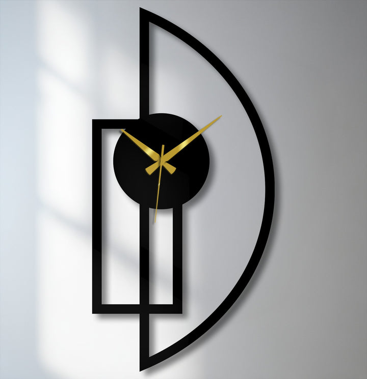 Smooth surface texture highlights the minimalist half moon metal art from glass in this wall clock, creating a striking geometric decor piece.