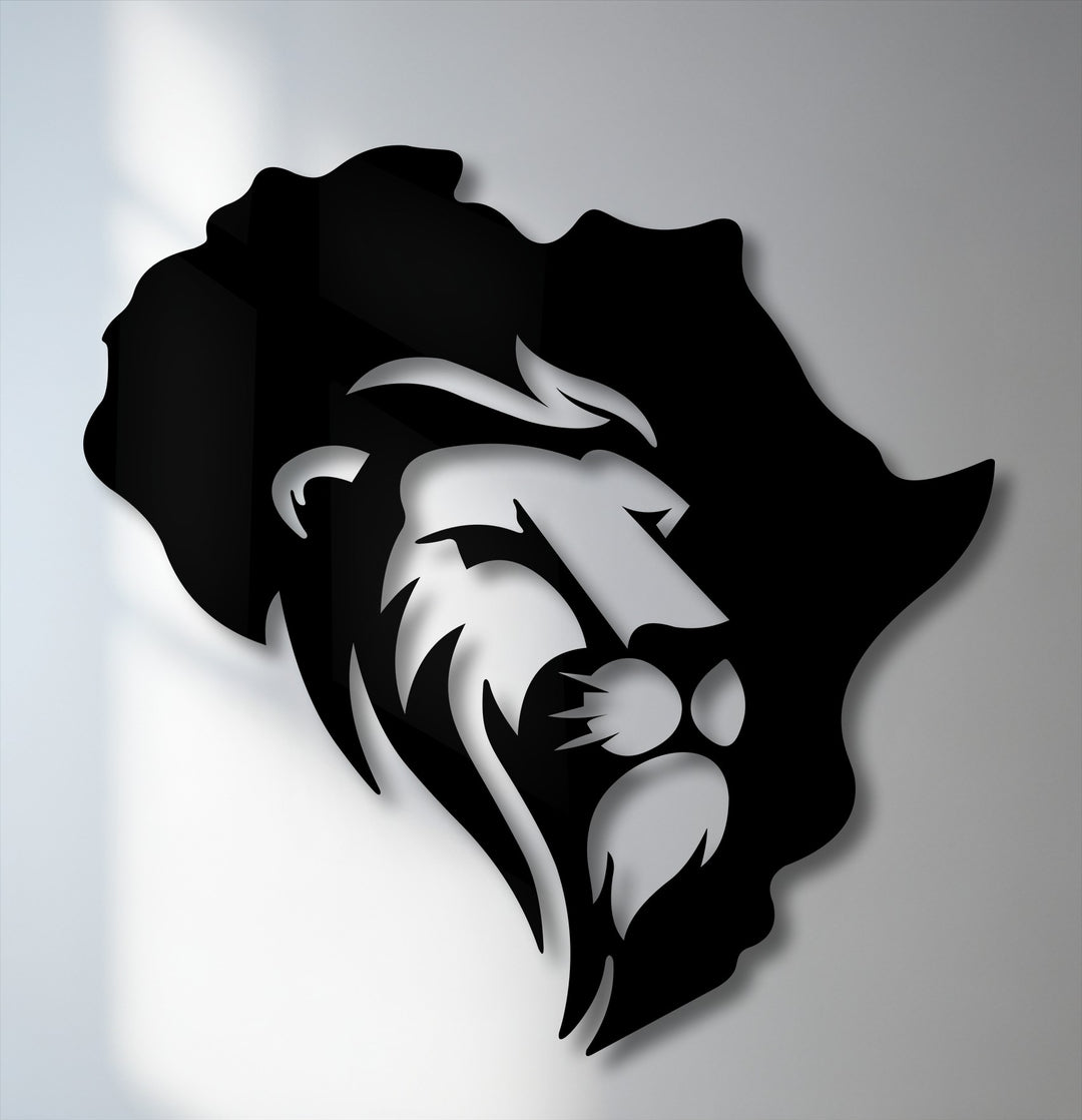 Negative space masterfully outlines a fierce lion's head within the bold silhouette of the Africa map, forming a striking decorative metal art piece.