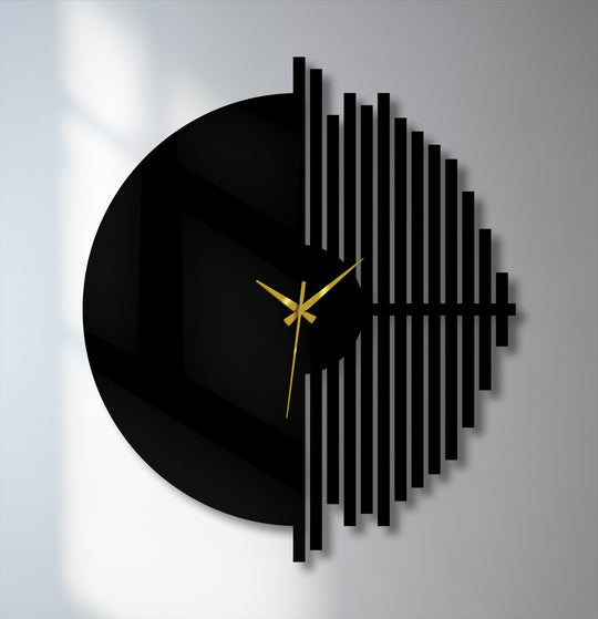 Showcasing geometric elements, this half circle modern metal art for wall clock features minimalist lines and a striking design perfect for contemporary spaces.