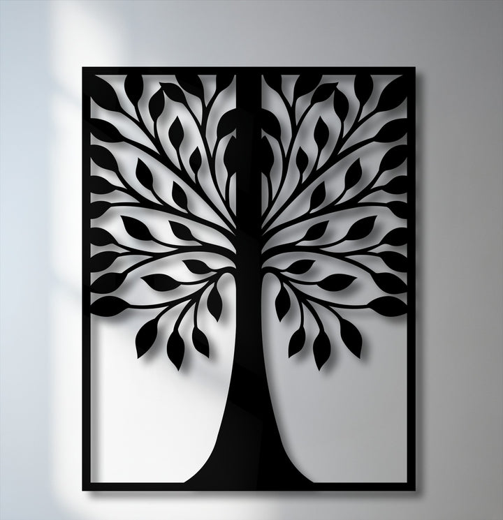 The pristine white background is subtly illuminated with soft shadows, enhancing the symmetrical leaf tree metal art for wall.