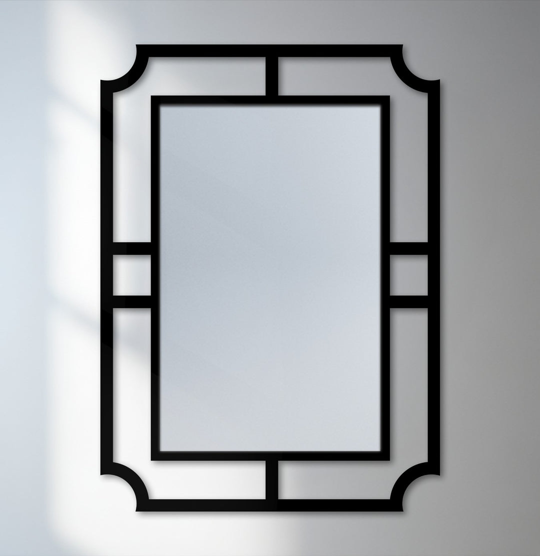 The realistic detail showcases the geometric metal frame wall mirror's sleek, modern minimalist statement design as an eye-catching piece of metal artwork.
