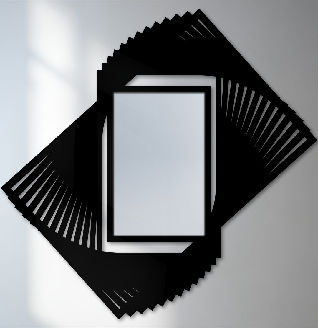 The dynamic edge of this rotating blade floor mirror showcases a spiral geometric border crafted with decorative metal art, creating a bold and contemporary design.