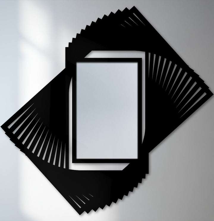 The dynamic edge of this rotating blade floor mirror showcases a spiral geometric border crafted with decorative metal art, creating a bold and contemporary design.