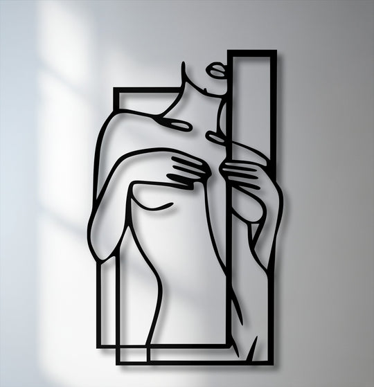 The realistic detail of this minimalist female figure line art metal wall decor is evident in the crisp contours and dimensional shadows.