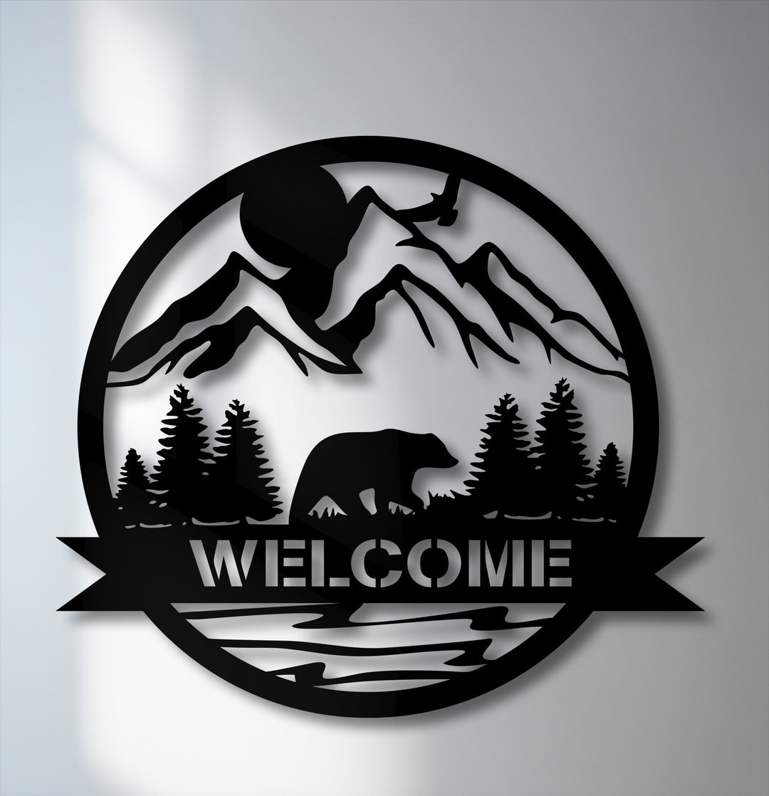 The interplay of light and shadow defines this intricate metal wall art mountain bear welcome sign, a unique piece of decoration wall art.