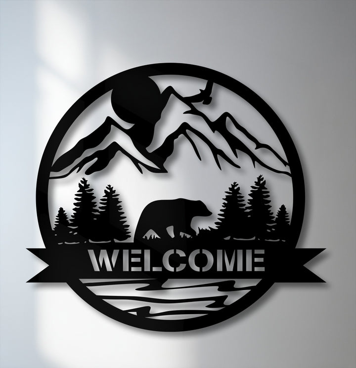The interplay of light and shadow defines this intricate metal wall art mountain bear welcome sign, a unique piece of decoration wall art.