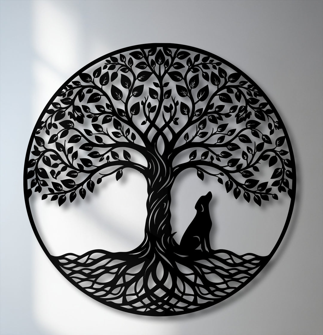 Expertly laser-cut from high-grade black metal, this durable Tree of Life with dog silhouette decoration wall art exemplifies superior material quality.