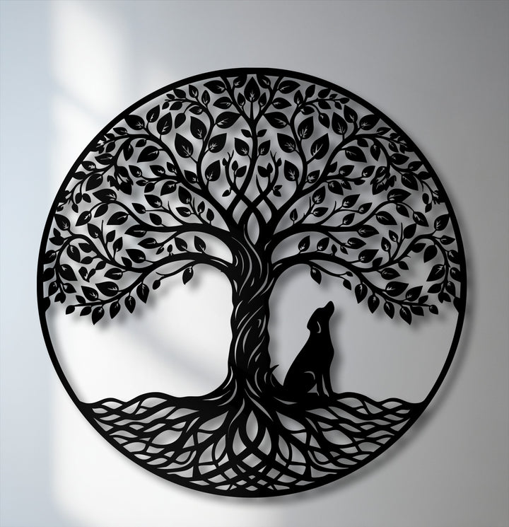 Expertly laser-cut from high-grade black metal, this durable Tree of Life with dog silhouette decoration wall art exemplifies superior material quality.