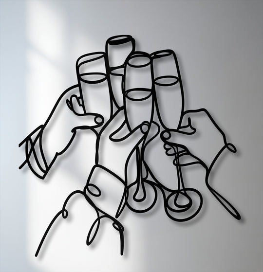 The Celebration Line Art metal artwork features a stark color contrast, with sleek black lines of hands toasting against a muted grey background.