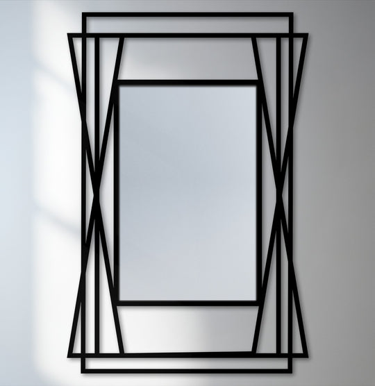 Featuring its striking layered and symmetrical borders, this floor mirror showcases modern metal art for wall accents with a unique angular frame.