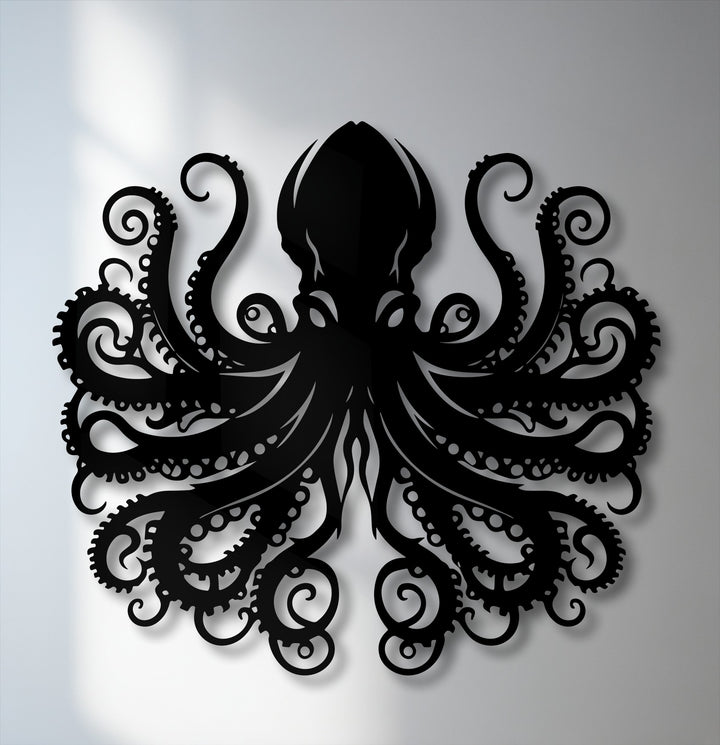 The sleek black finish of this octopus metal art for wall displays intricate tentacles with a captivating shadow effect.