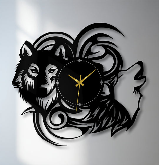 Highlighting geometric elements, this mystic wolf silhouette metal wall clock features tribal animal designs crafted into appealing metal artwork.