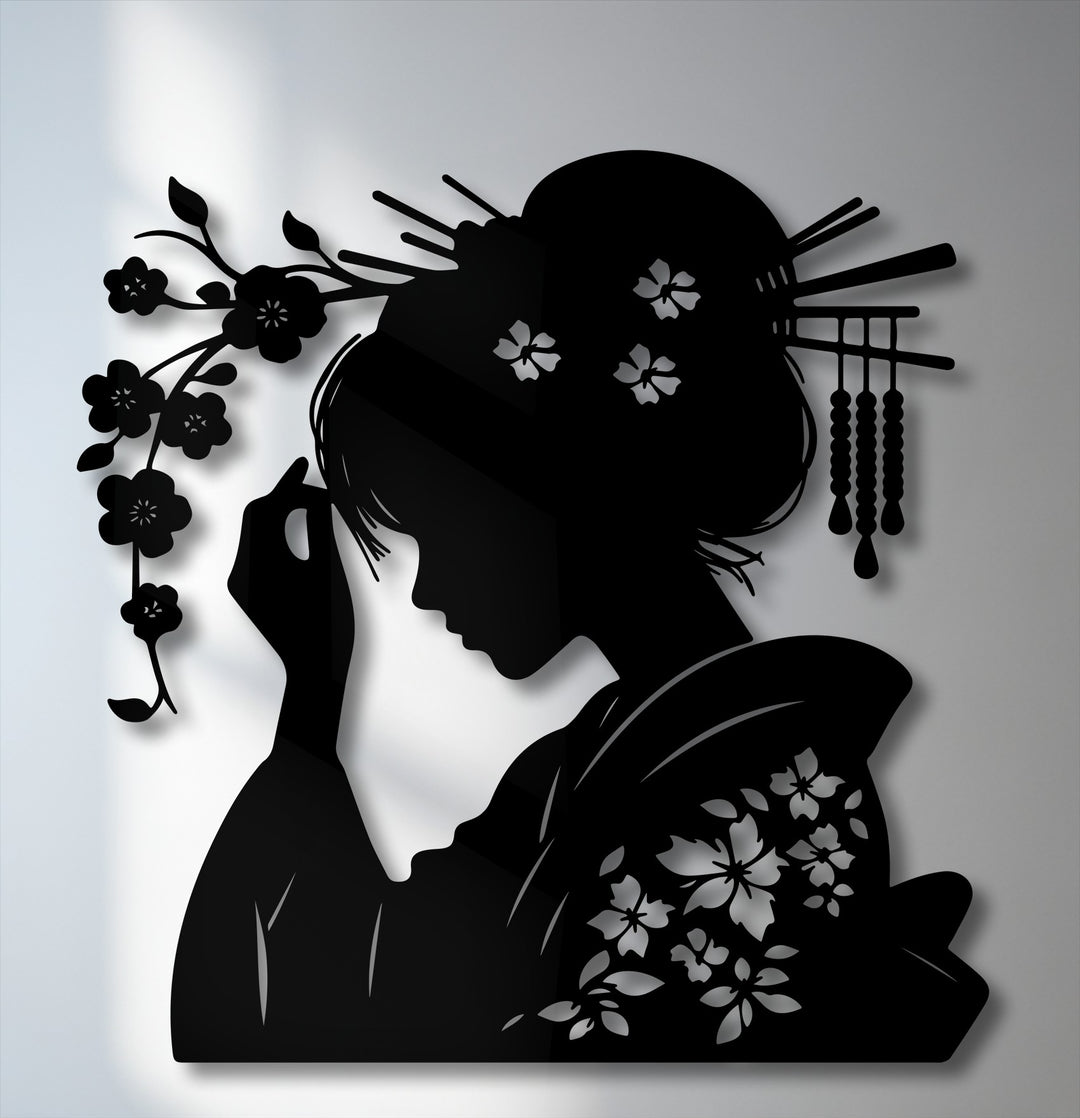 The exceptional material quality of this metal wall art is evident in the crisp, laser-cut Geisha silhouette, ideal for sophisticated decoration wall art.