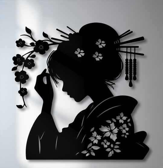 The exceptional material quality of this metal wall art is evident in the crisp, laser-cut Geisha silhouette, ideal for sophisticated decoration wall art.
