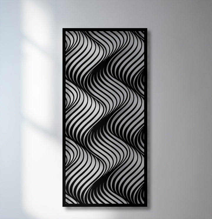 A striking piece of decorative metal art featuring a black and silver flowing wave pattern with an abstract modern line design creating a captivating 3D illusion.