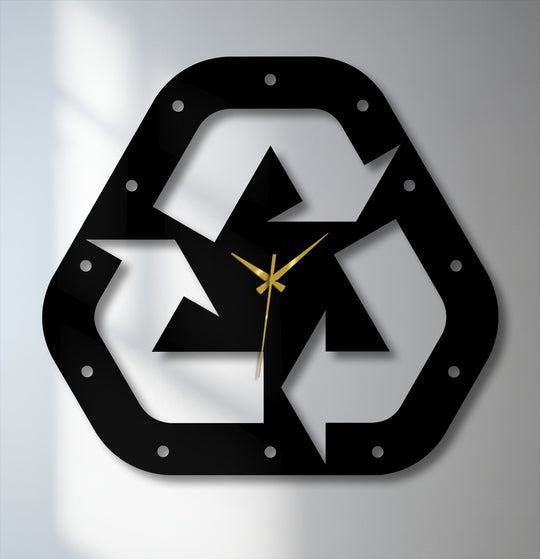 Spiraling recycle symbol metal wall clock conveys a vibrant sense of perpetual motion, adding depth and artistic flair to this piece of decorative metal art.