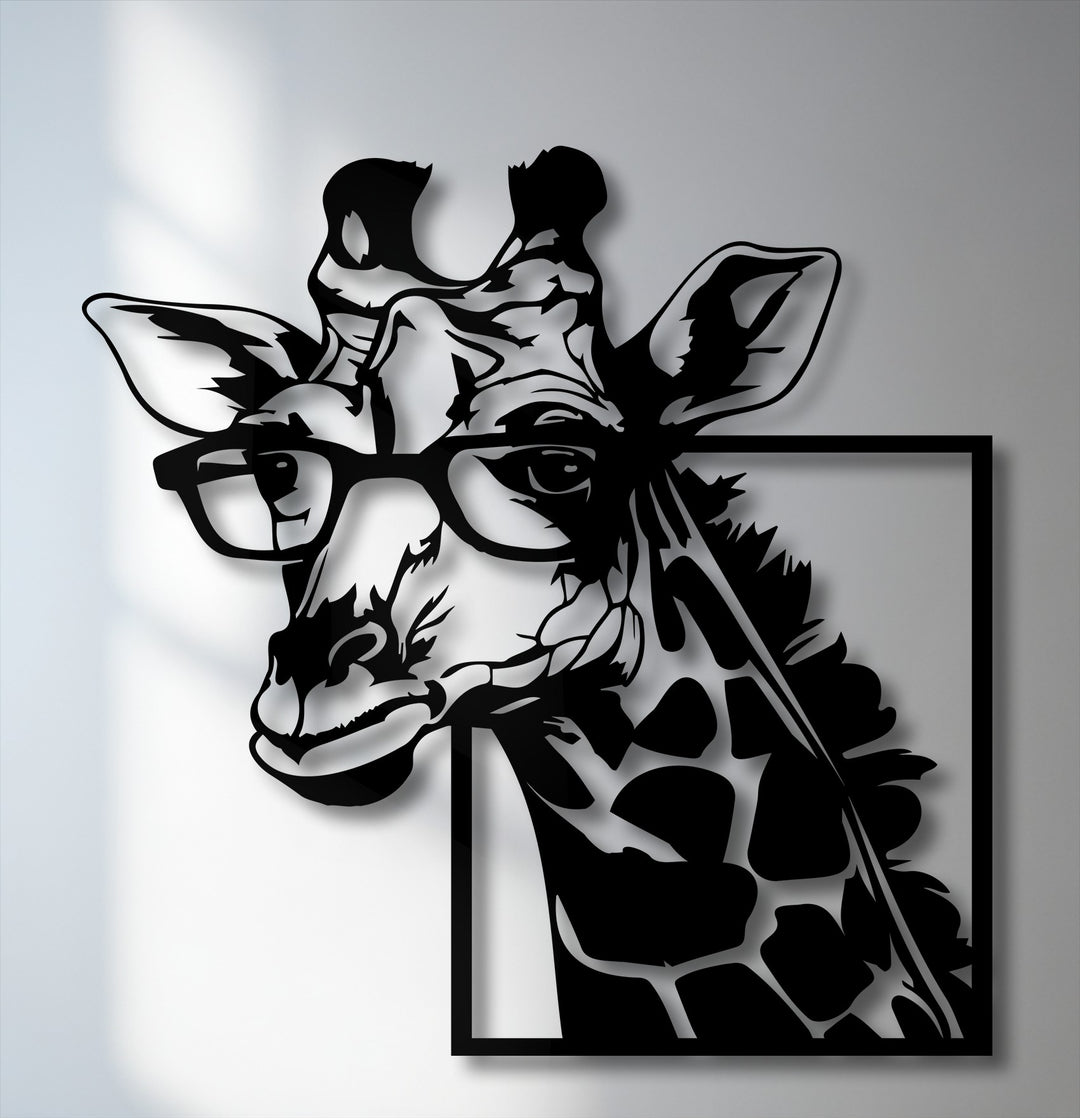 The sleek matte finish of this black metal artwork portrays a modern giraffe with glasses, creating striking shadows.
