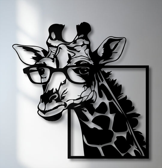The sleek matte finish of this black metal artwork portrays a modern giraffe with glasses, creating striking shadows.