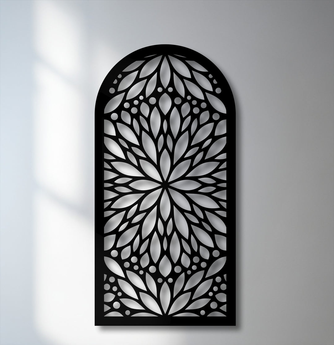 The pronounced color contrast accentuates this intricate black floral mandala metal art for wall against its luminous backdrop.