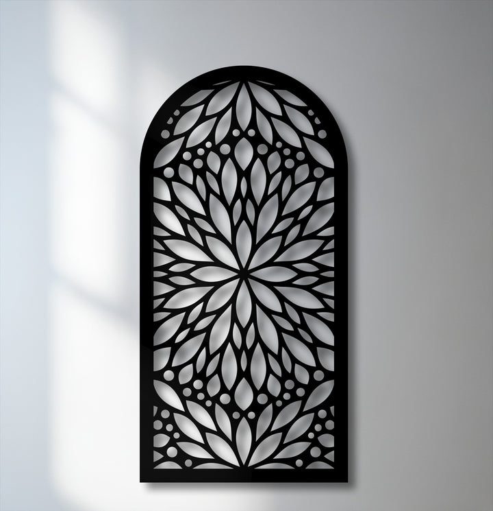 The pronounced color contrast accentuates this intricate black floral mandala metal art for wall against its luminous backdrop.