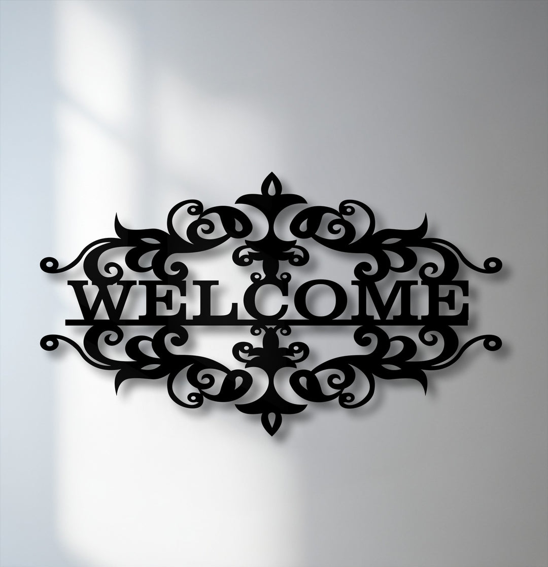 The cool-toned light highlights a Classic Decorative metal art for wall, an ornate welcome emblem casting deep shadows.