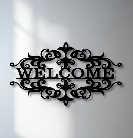 The cool-toned light highlights a Classic Decorative metal art for wall, an ornate welcome emblem casting deep shadows.